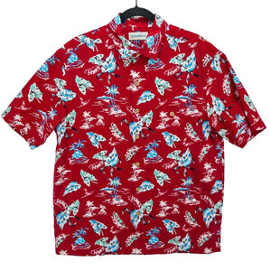 Caribbean Hawaiian Print Shirt Men's Medium Hidden Travel Pockets Red Floral